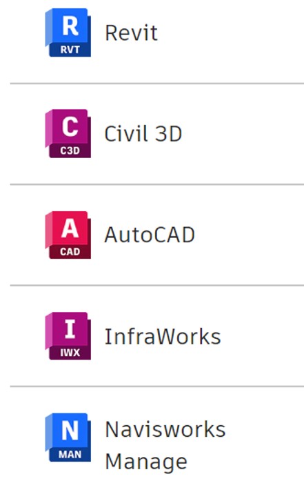 autodesk revit logo 2023, AEC logo, Civil 3D logo, AutoCAD logo, Navisworks logo, InfraWorks logo